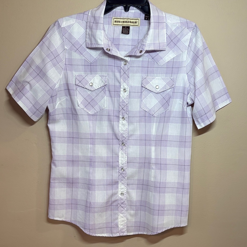 Bit & Bridle Purple and White Plaid Western Style Shirt, Medium, EUC